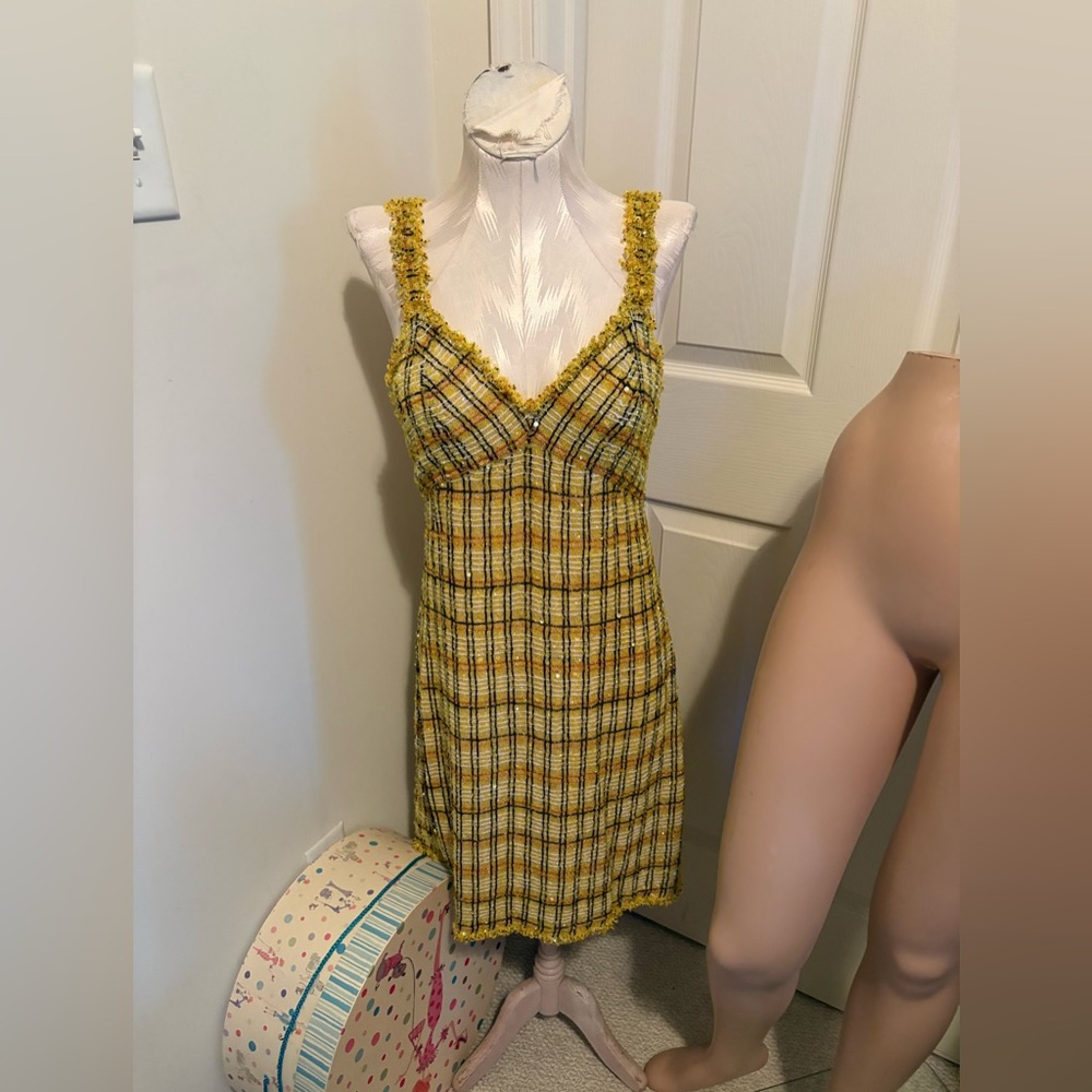 Ashish Yellow and Black Plaid Mini Dress sequin $2300 size Medium